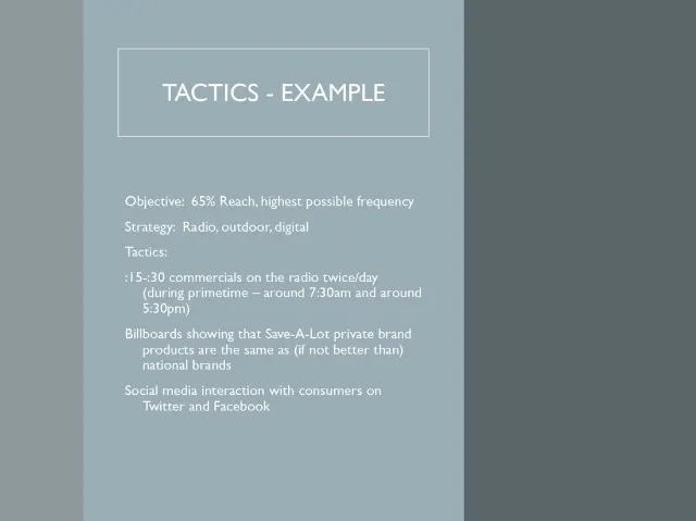 Tactics slide: 65% reach objective using radio, outdoor, and digital