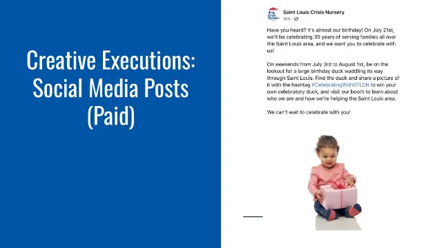 Slide showing a paid Facebook post announcing the birthday duck scavenger hunt