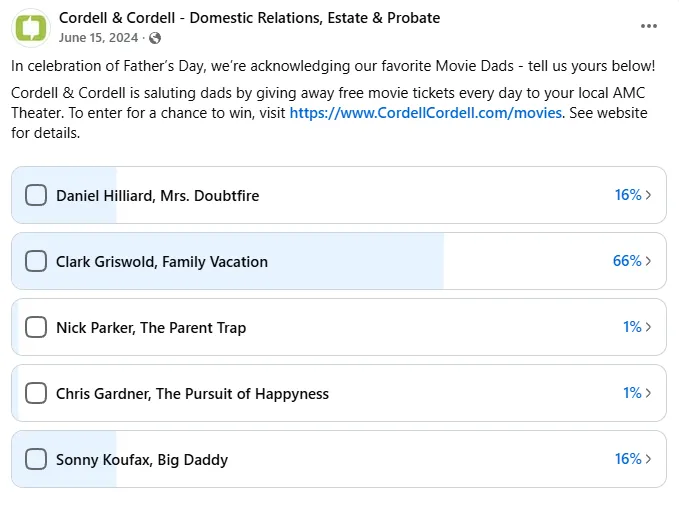 Cordell & Cordell Facebook Father's Day poll asking followers to vote for their favorite movie dad