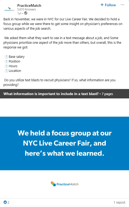 PracticeMatch LinkedIn carousel sharing physician focus group findings on what to include in recruiting text messages
