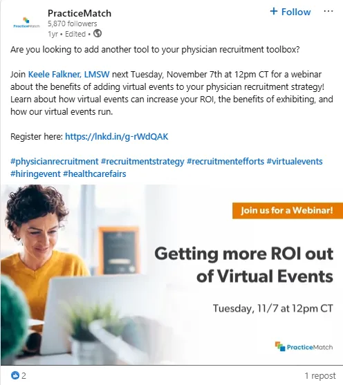PracticeMatch LinkedIn post promoting a webinar on getting more ROI out of virtual events